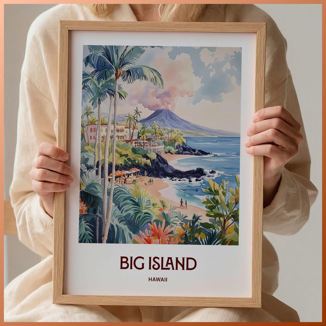 Big Island Hawaii Beach Volcano Palms Watercolor Travel Poster