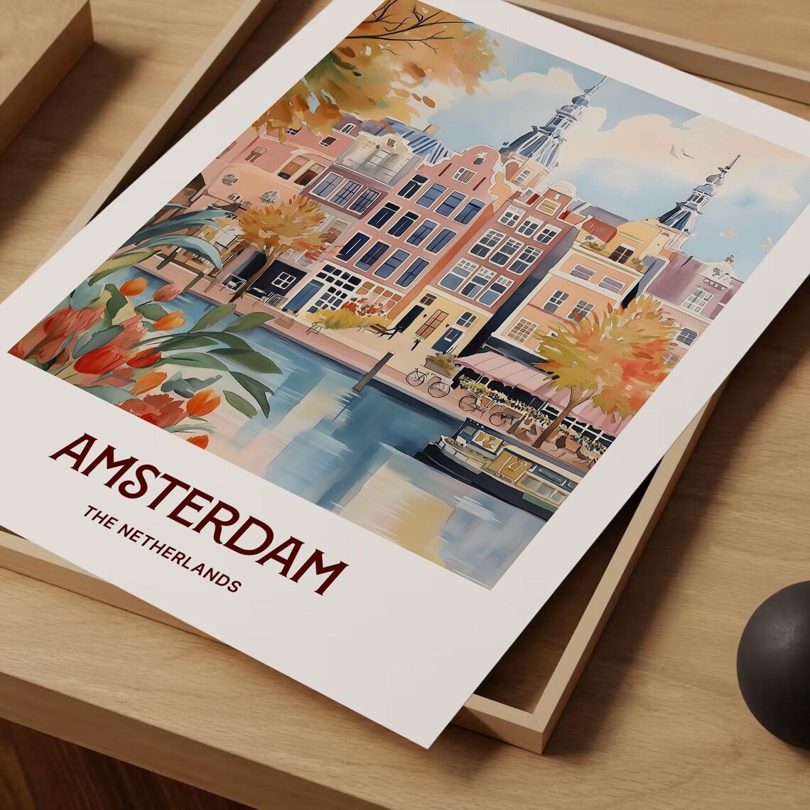 Amsterdam Canal Houses Tulips Bikes Netherlands Watercolor Poster - Image 2