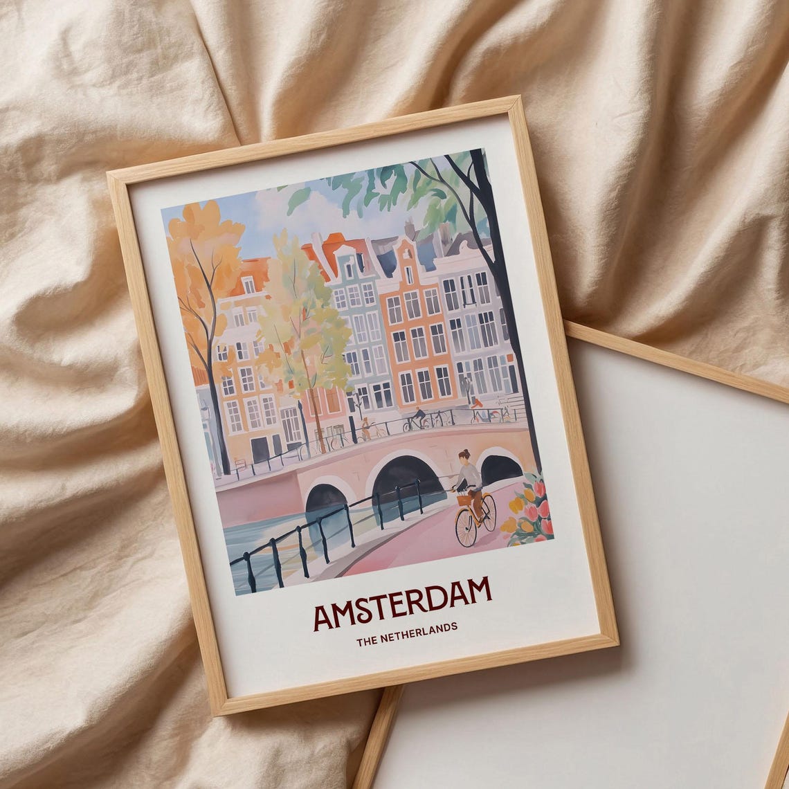 Amsterdam Netherlands Canal Bridge Cyclist Tulip Pastel Poster - Image 3