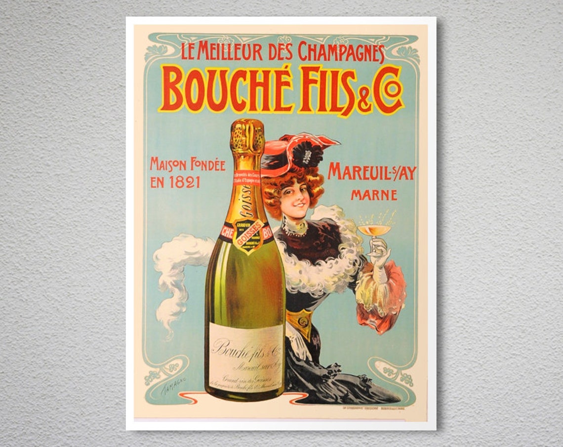 Bouche Fils and Cie Champagne Belle Epoque Woman Vintage Wine Poster - Image 2