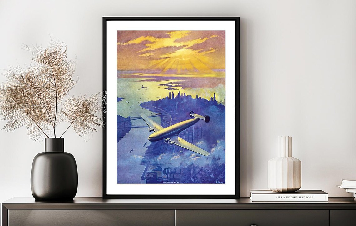 The Dawn of a New Day Airplane New York Skyline Vintage Travel Poster