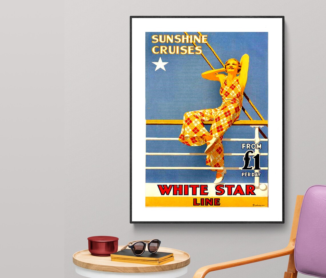 White Star Line Sunshine Cruises Vintage Ocean Liner Travel Poster