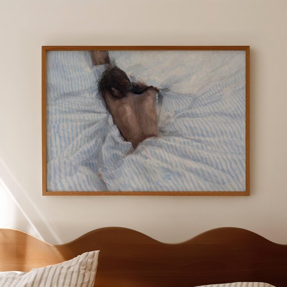 Sleeping Woman In Striped Blue Bed Oil Painting Print Horizontal Above Wall Art Hand Drawn Textured Mid Century Modern Bedroom Poster