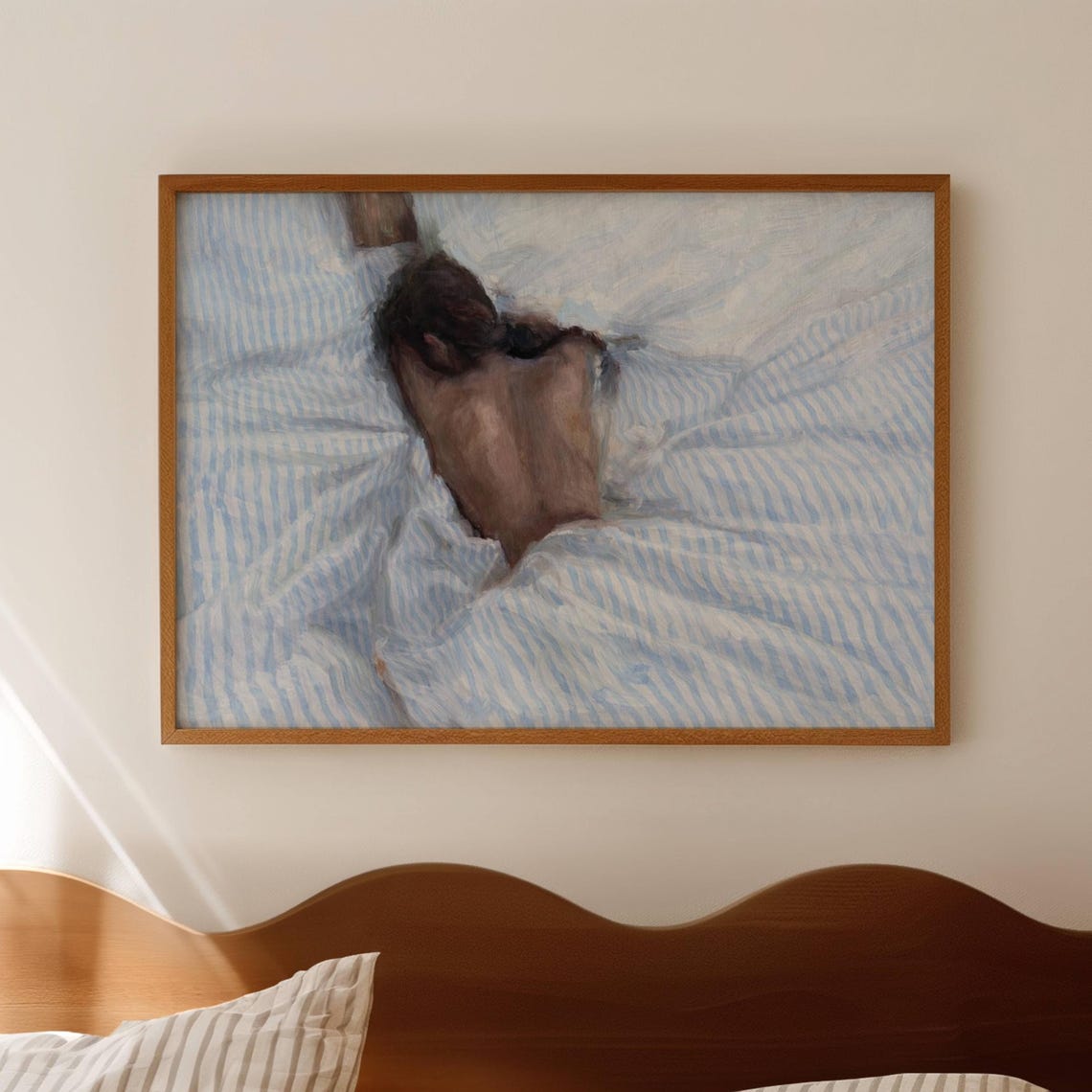 Sleeping Woman In Blue Striped Sheets Intimate Oil Painting Poster