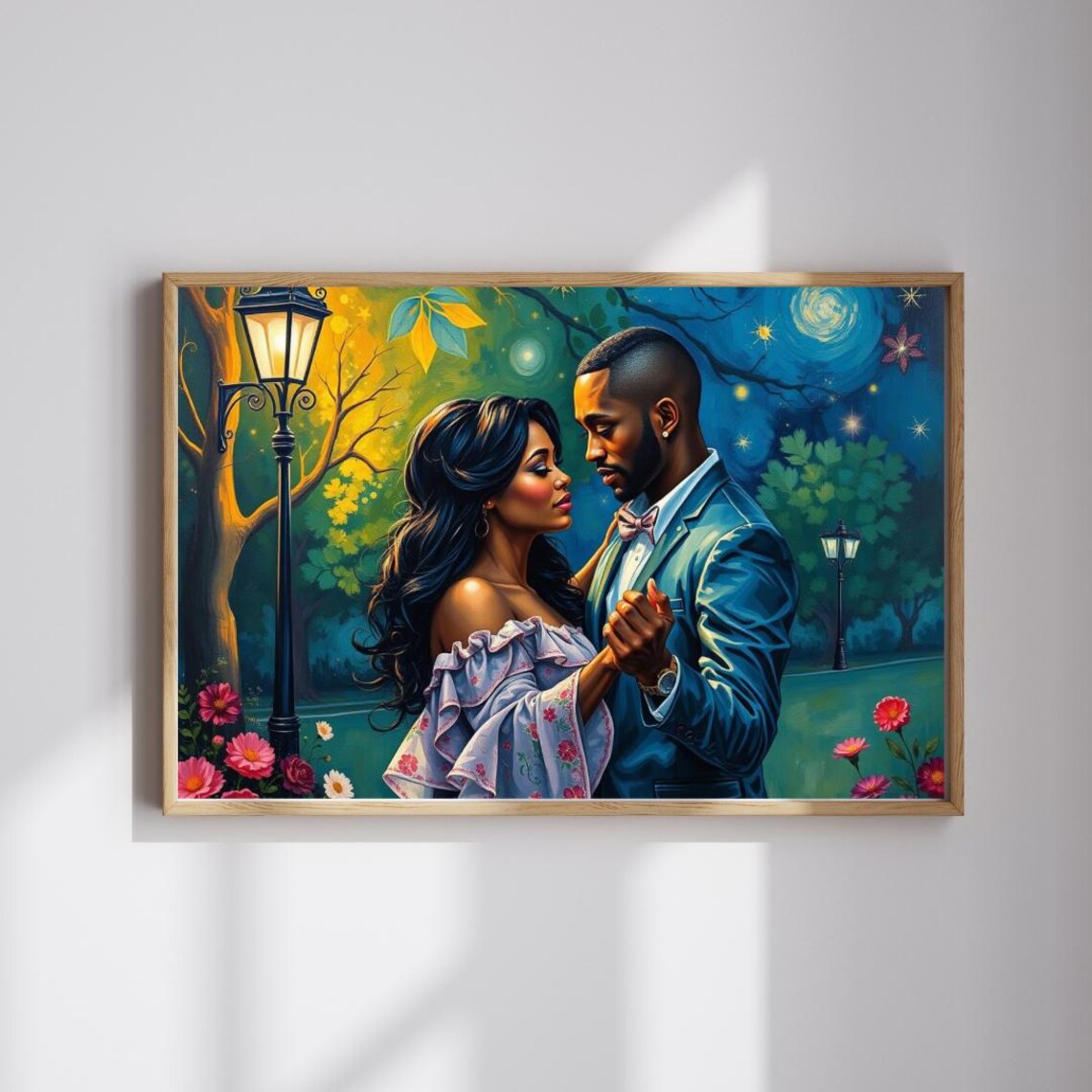Black Couple Dancing Under Moonlit Park Romantic Night Art Print