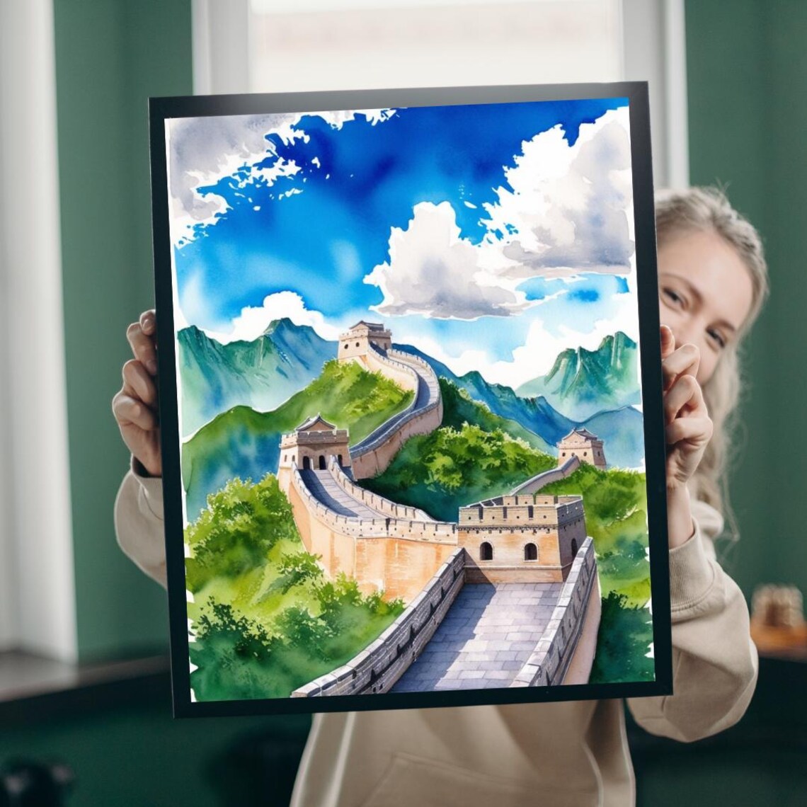 Great Wall of China Watercolor Green Hills Blue Sky Art Poster
