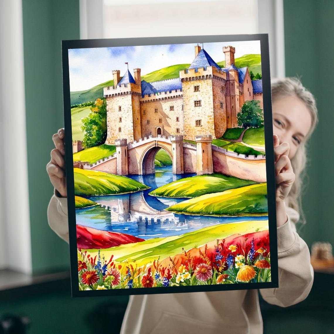 Medieval Castle Stone Bridge River Wildflowers Meadow Poster