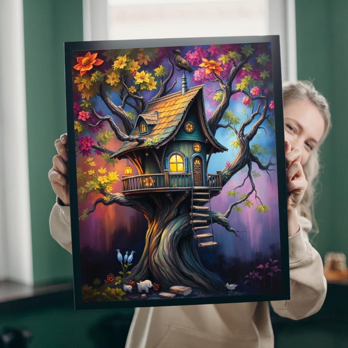 Whimsical Treehouse Night Glowing Autumn Leaves Fantasy Poster
