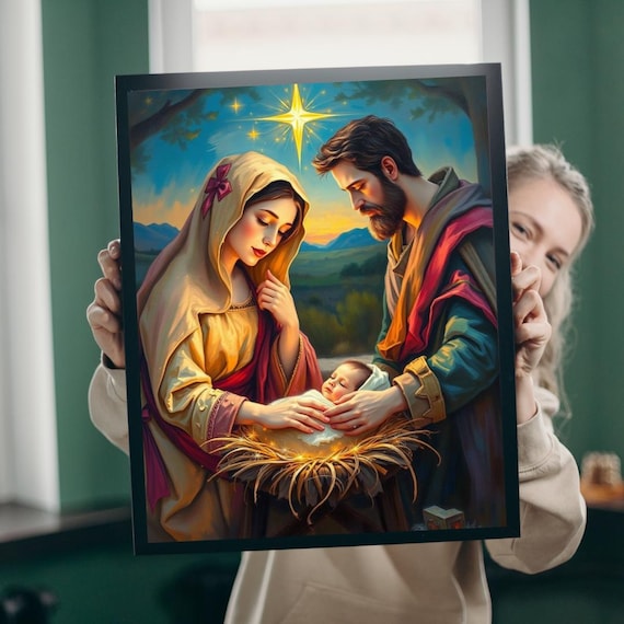 Holy Family Nativity Scene Baby Jesus Star Religious Christmas Poster