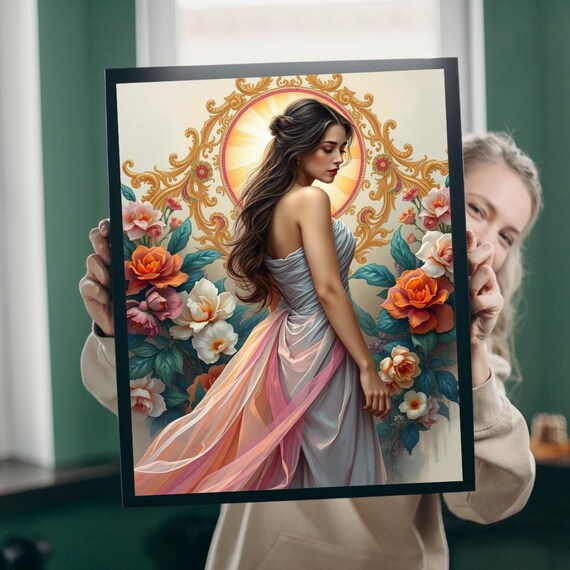 Floral Woman Portrait, Elegant Vintage Art Print