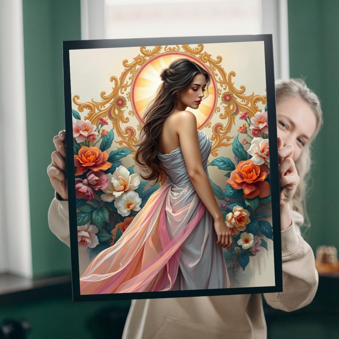 Floral Woman Portrait, Elegant Vintage Art Print