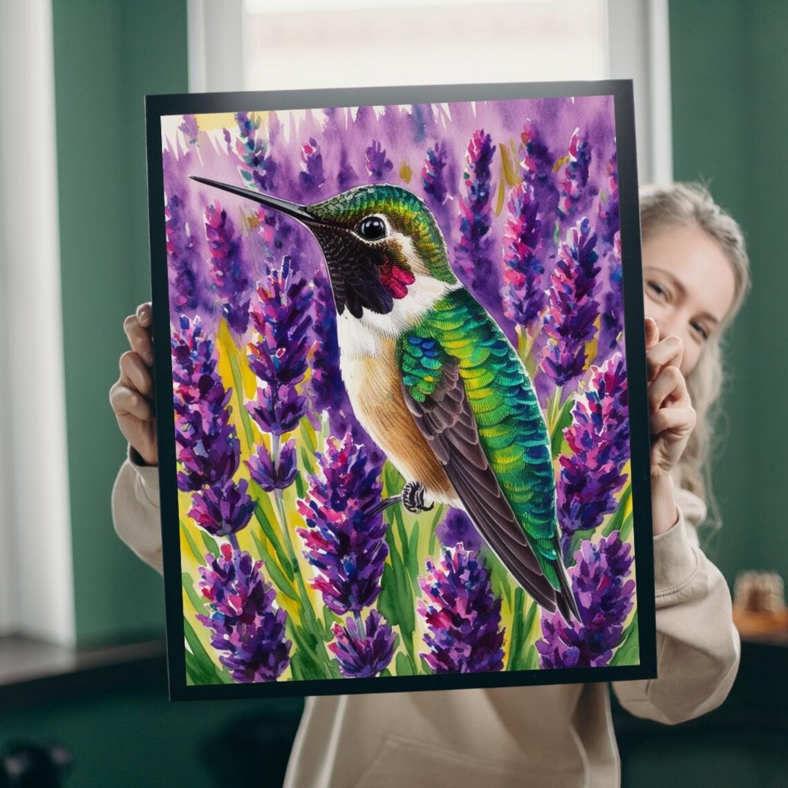 Hummingbird Among Purple Lavender Blooms Watercolor Bird Art Print