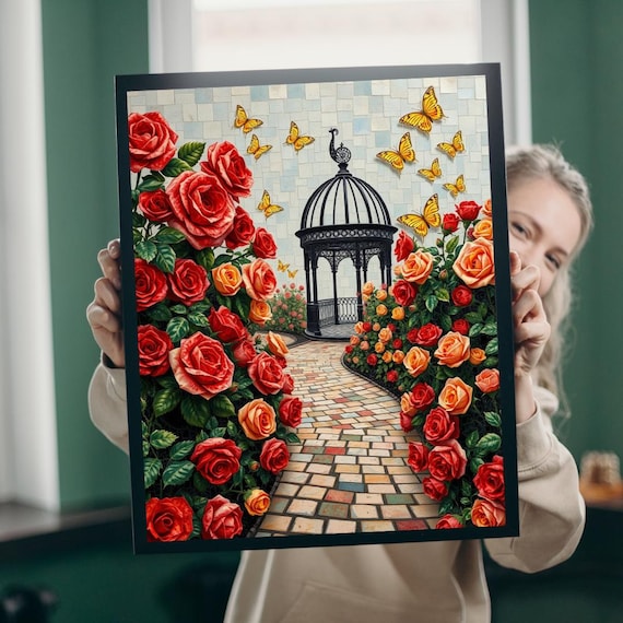 Rose Garden Gazebo Butterfly Path Red Roses Mosaic Art Print