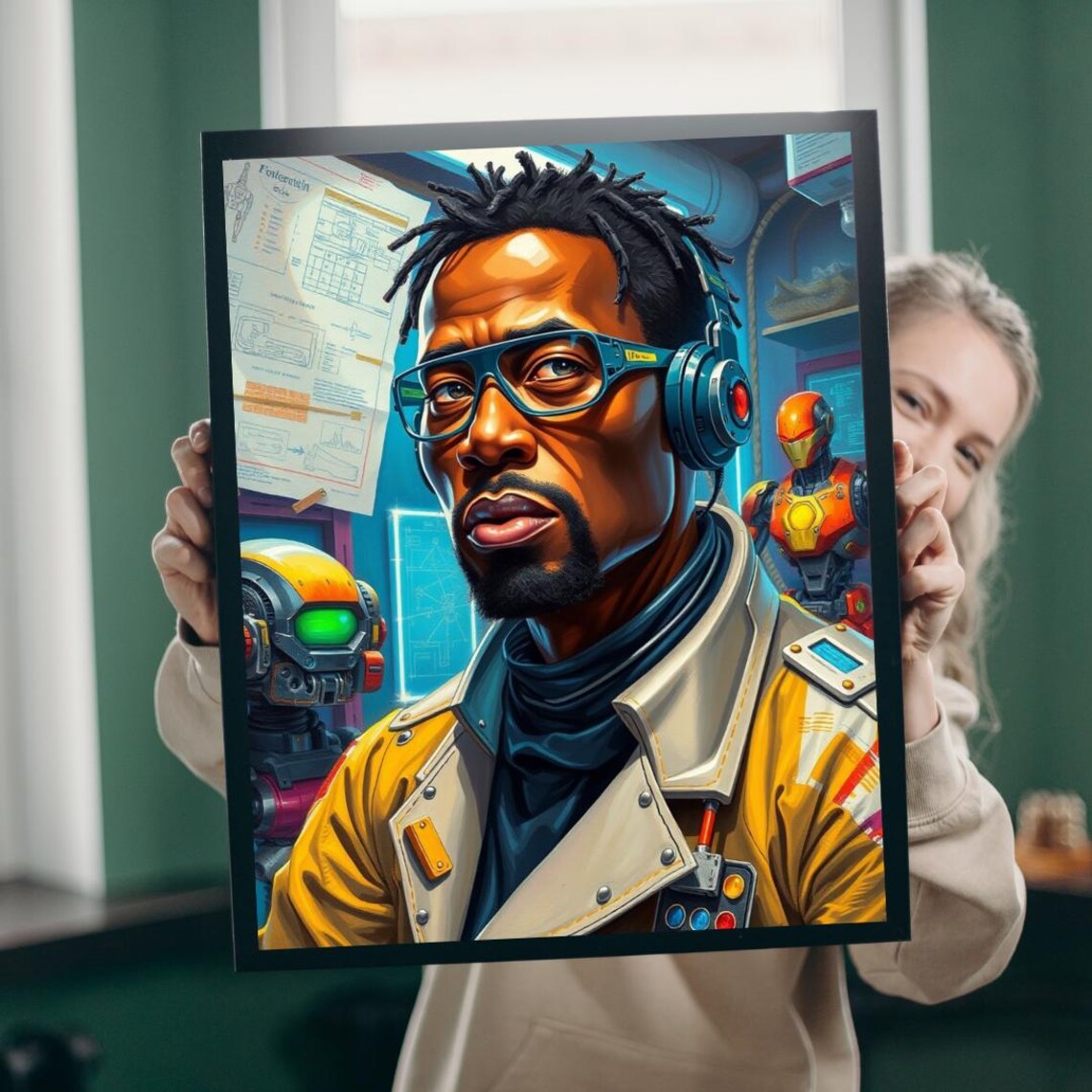 Cyberpunk Gamer Portrait Robots Neon Futuristic Sci Fi Art Poster