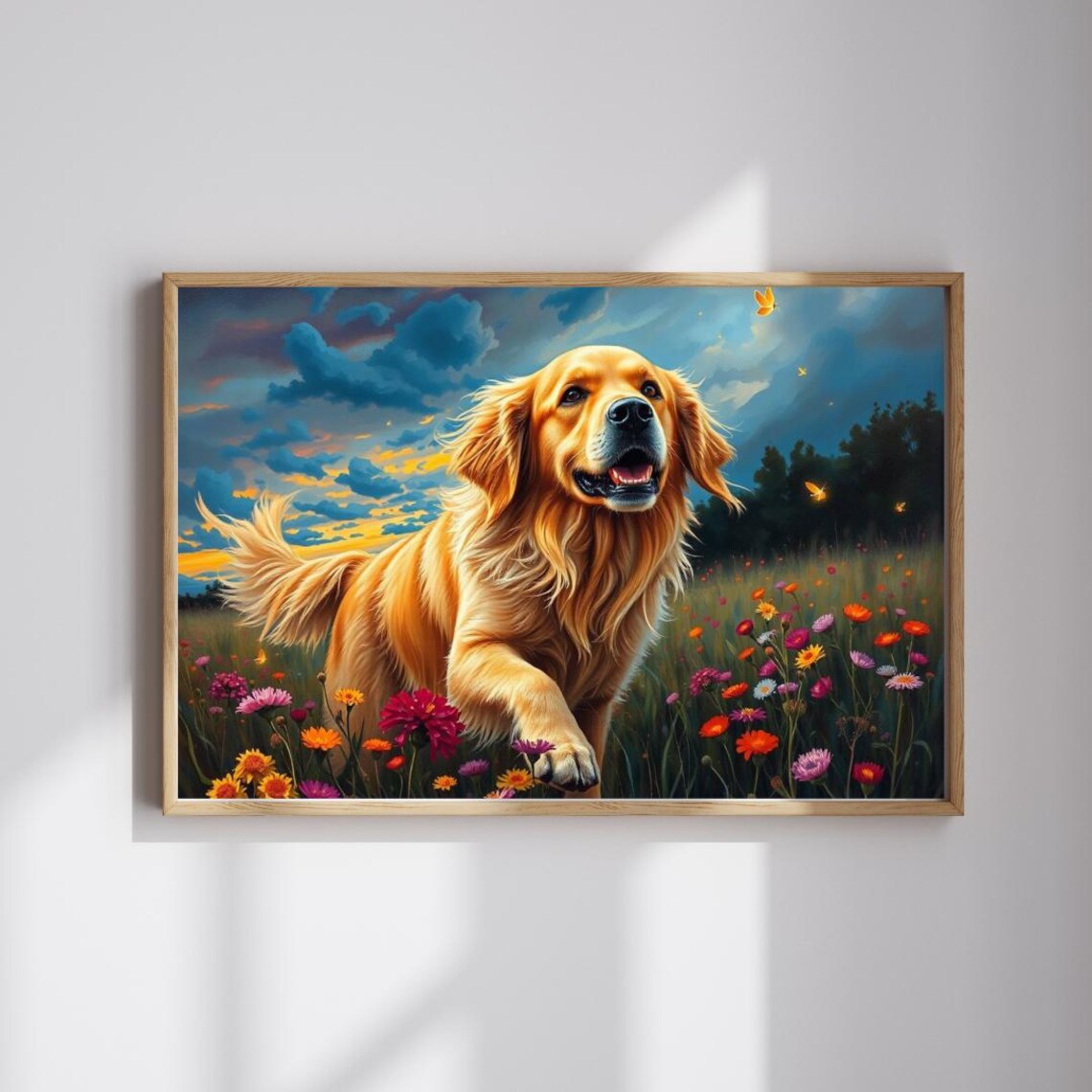 Golden Retriever Running Through Wildflower Meadow at Sunset Poster