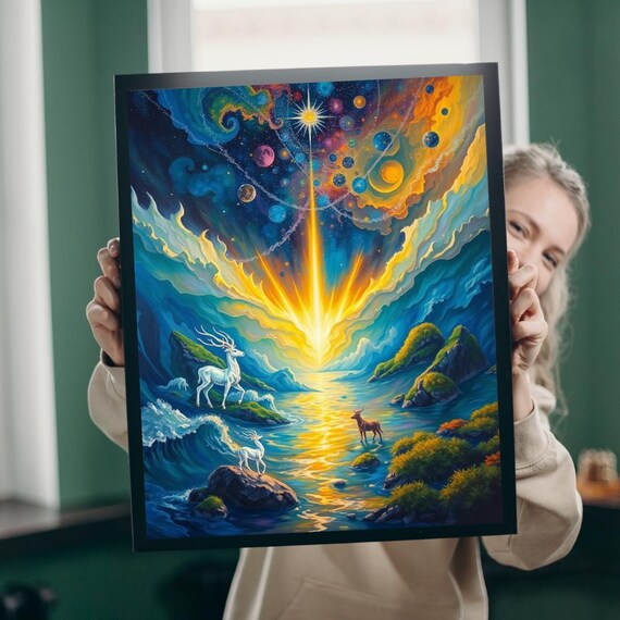 Cosmic Landscape White Deer Celestial Sunbeam Fantasy Art Poster
