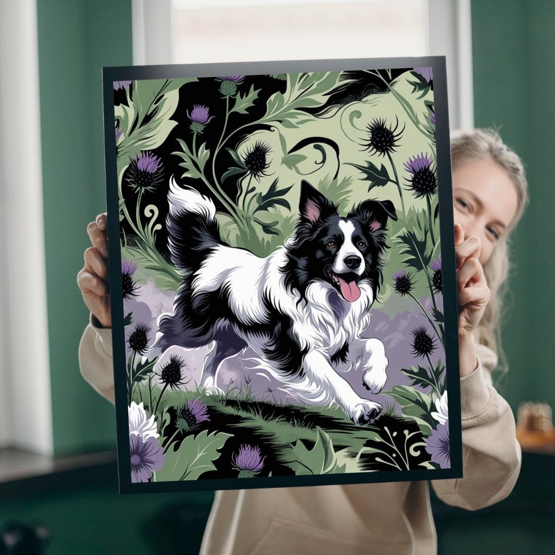 Playful Border Collie Running Among Thistles Garden Dog Poster