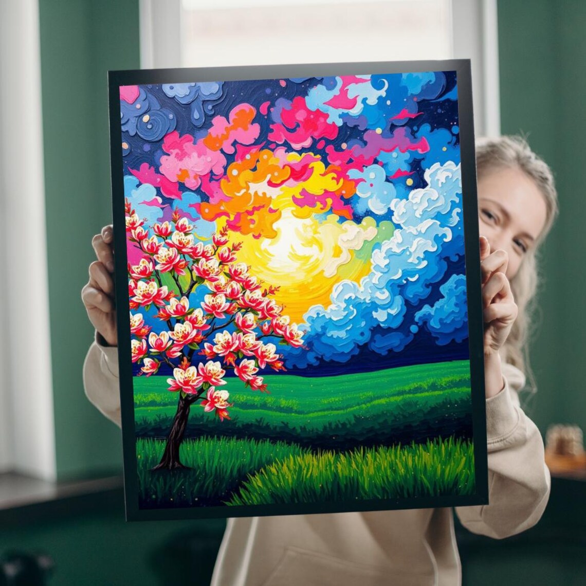 Blossoming Tree Colorful Swirling Sky Vibrant Floral Landscape Poster