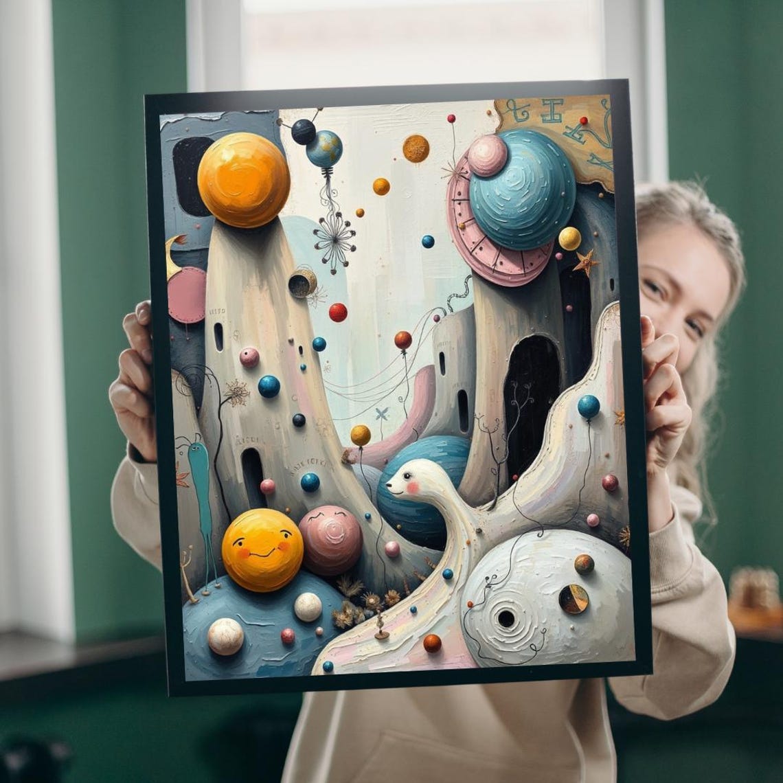 Childlike Surreal Planets and Blobs Soft Pastel Abstract Poster