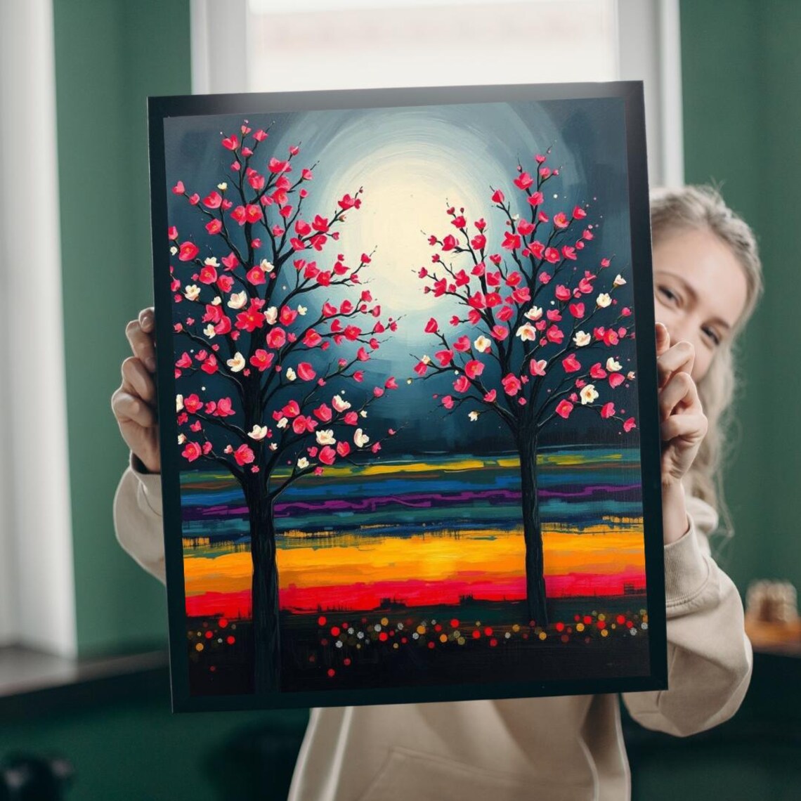 Colorful Night Landscape Red Blossom Trees Full Moon Fantasy Poster