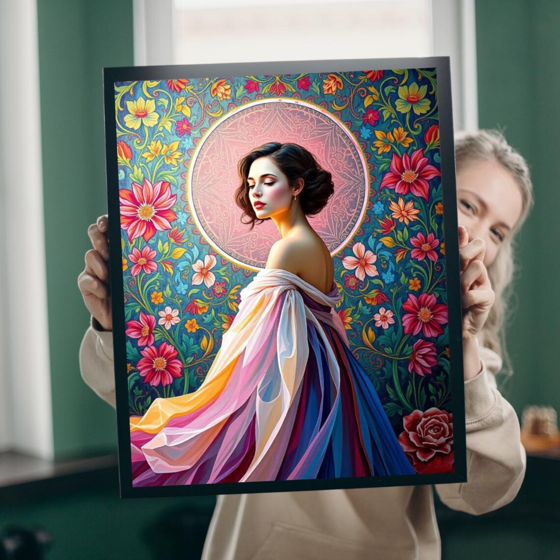 Woman in Flowing Colorful Dress Vibrant Floral Portrait Poster