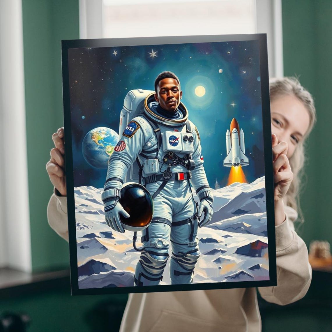 Black Astronaut NASA Suit Moon Surface Space Shuttle Art Print