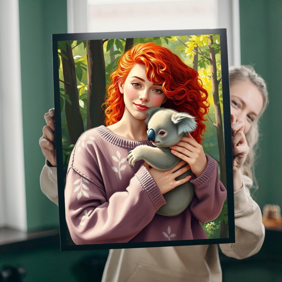Redhead Girl Holding Koala Forest Sweet Portrait Cute Art Print