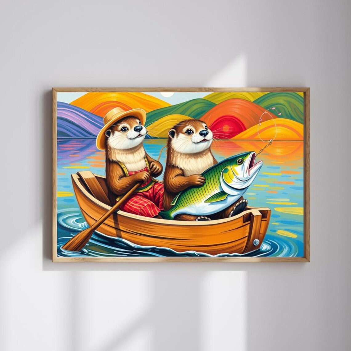 Otter Friends Fishing Trip Whimsical Colorful Animal Wall Art
