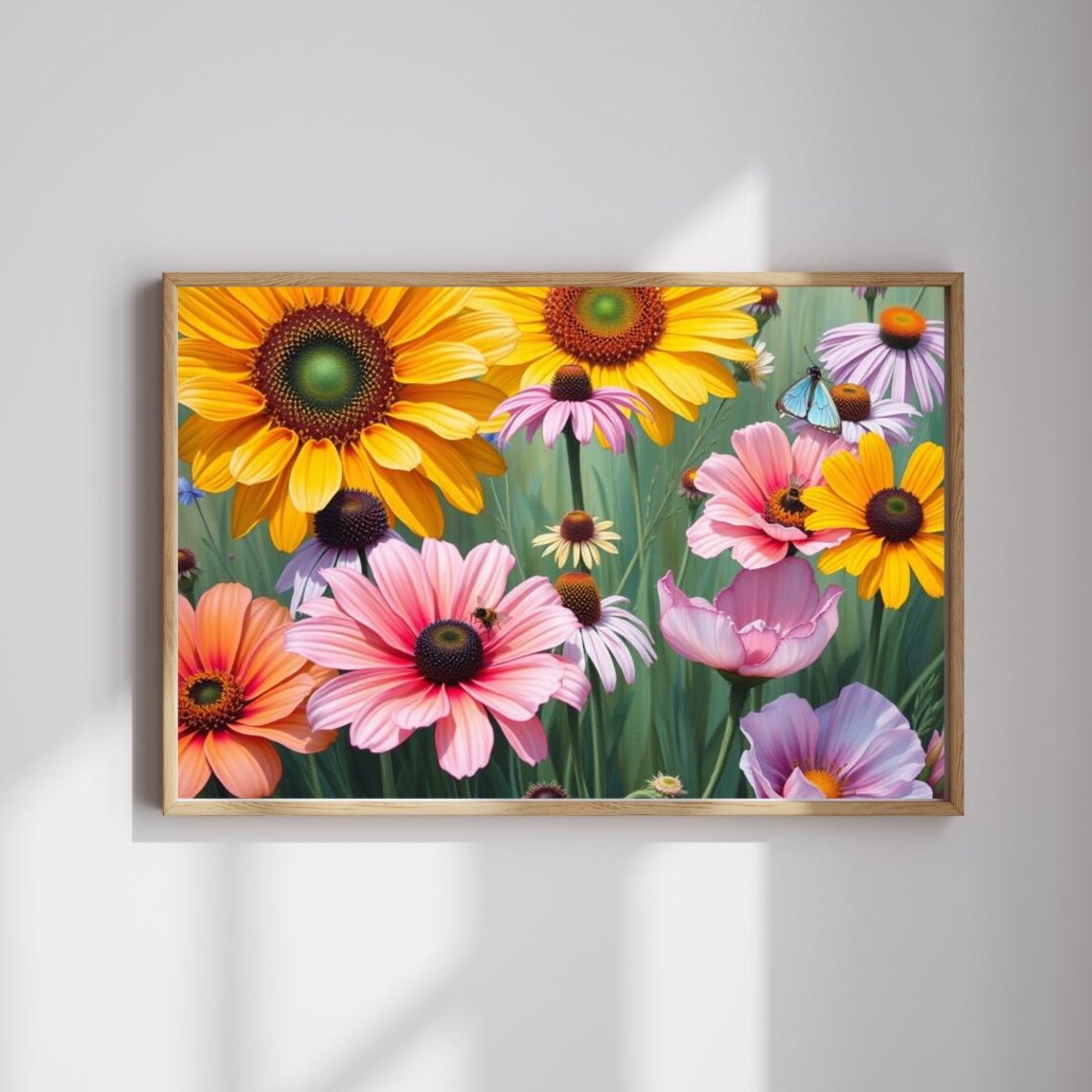 Sunflowers and Coneflowers Blue Butterfly Summer Garden Floral Print