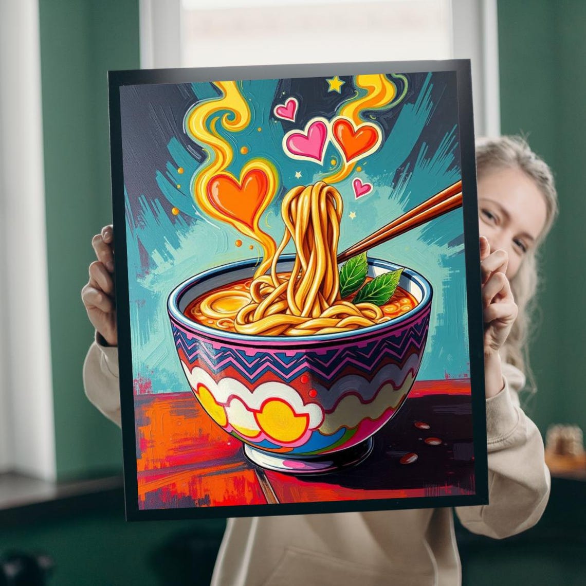 Steaming Noodle Bowl Colorful Pop Art Ramen Poster For Kitchen Decor