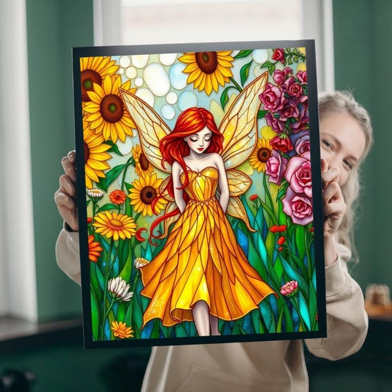 Stained Glass Style Fairy Sunflower Jigsaw Puzzle Fantasy Art Hobby