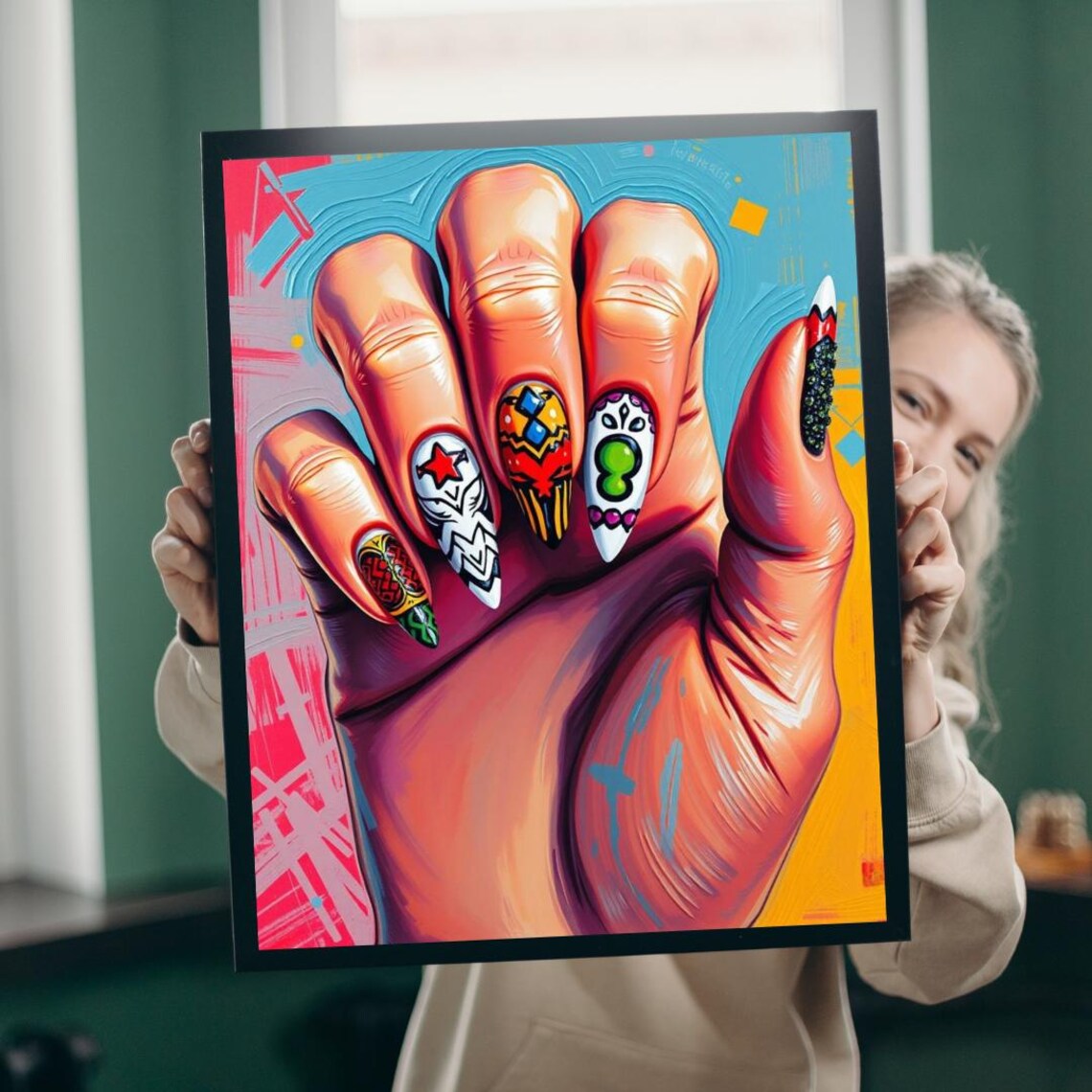 Colorful Hand Nail Art Portrait Star Geometric Pop Style Print