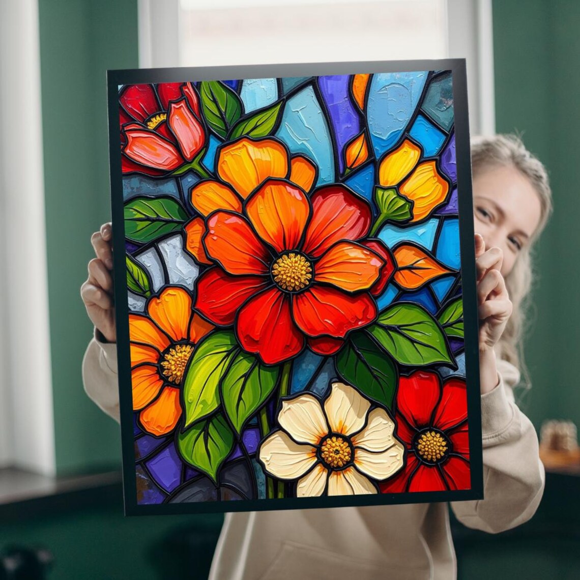 Petal Prism Red Blossoms Stained Glass Floral Mosaic Art Poster