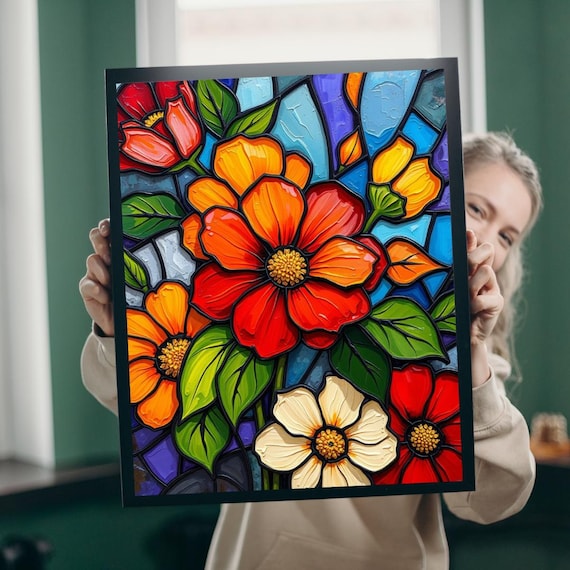 Petal Prism Red Blossoms Stained Glass Floral Mosaic Art Poster