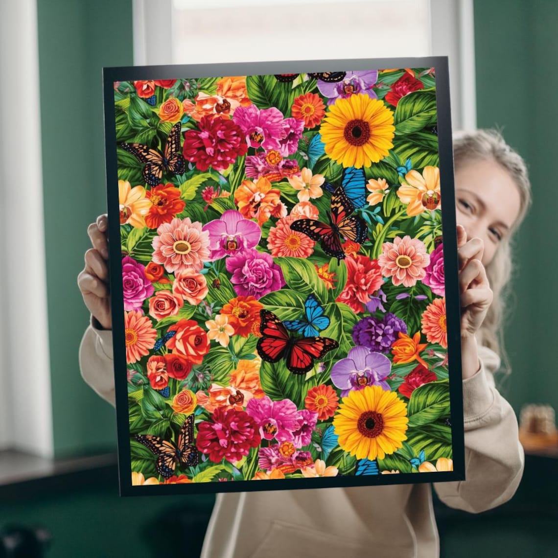 Vibrant Tropical Flowers Butterflies Garden Collage Jigsaw Art Print