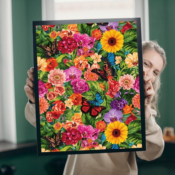Garden Collage Jigsaw Puzzle Overlapping Flowers Butterflies And Green Leaves In A Vibrant Nature