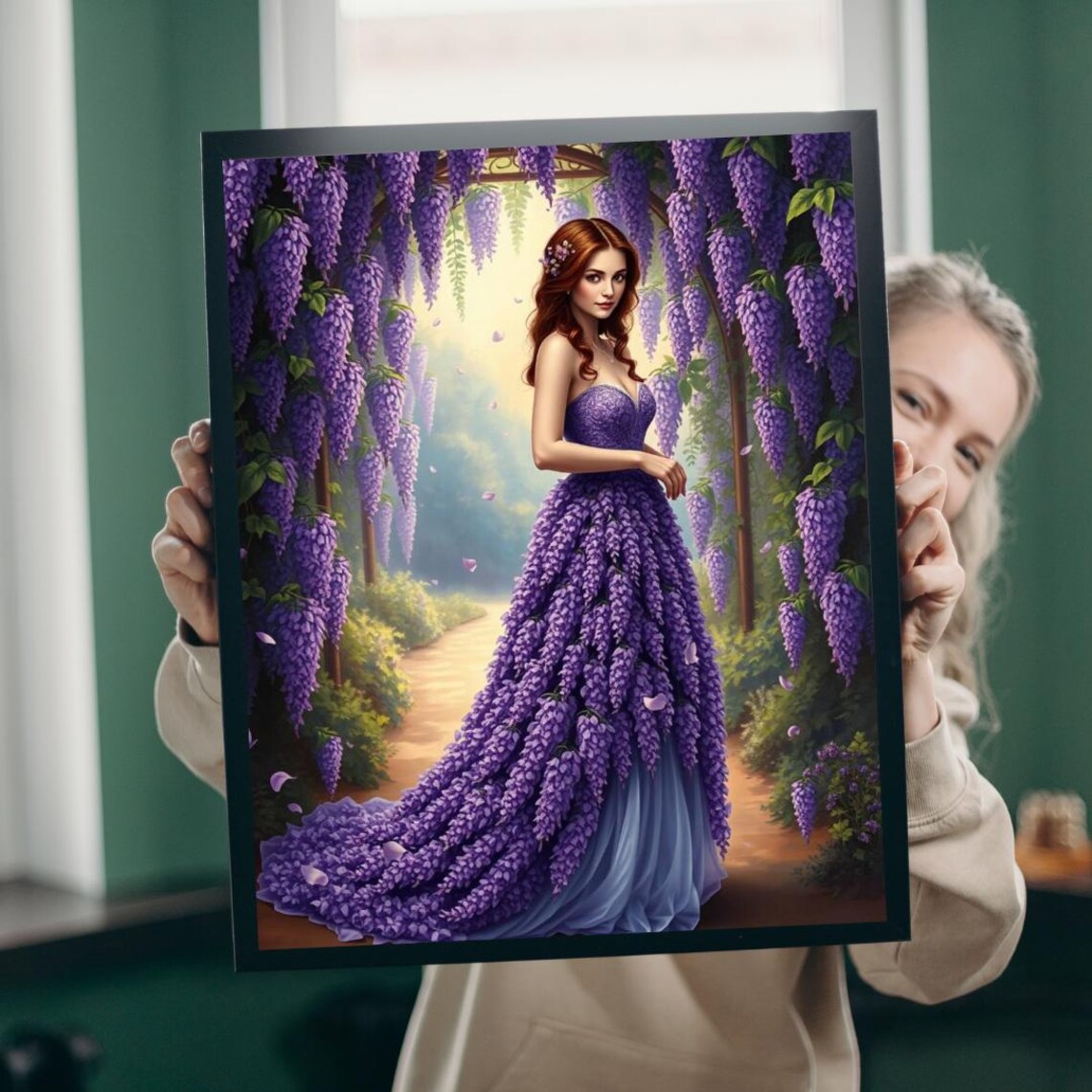 Dreamy Lady In Wisteria Blossom Gown Under Purple Arch Poster