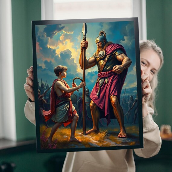 David and Goliath Epic Biblical Battle Cinematic Faith Scene Poster