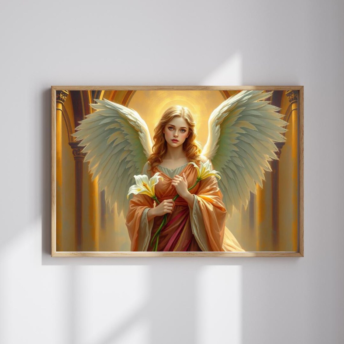 Radiant Angel With White Wings Holding Lilies in Cathedral Poster