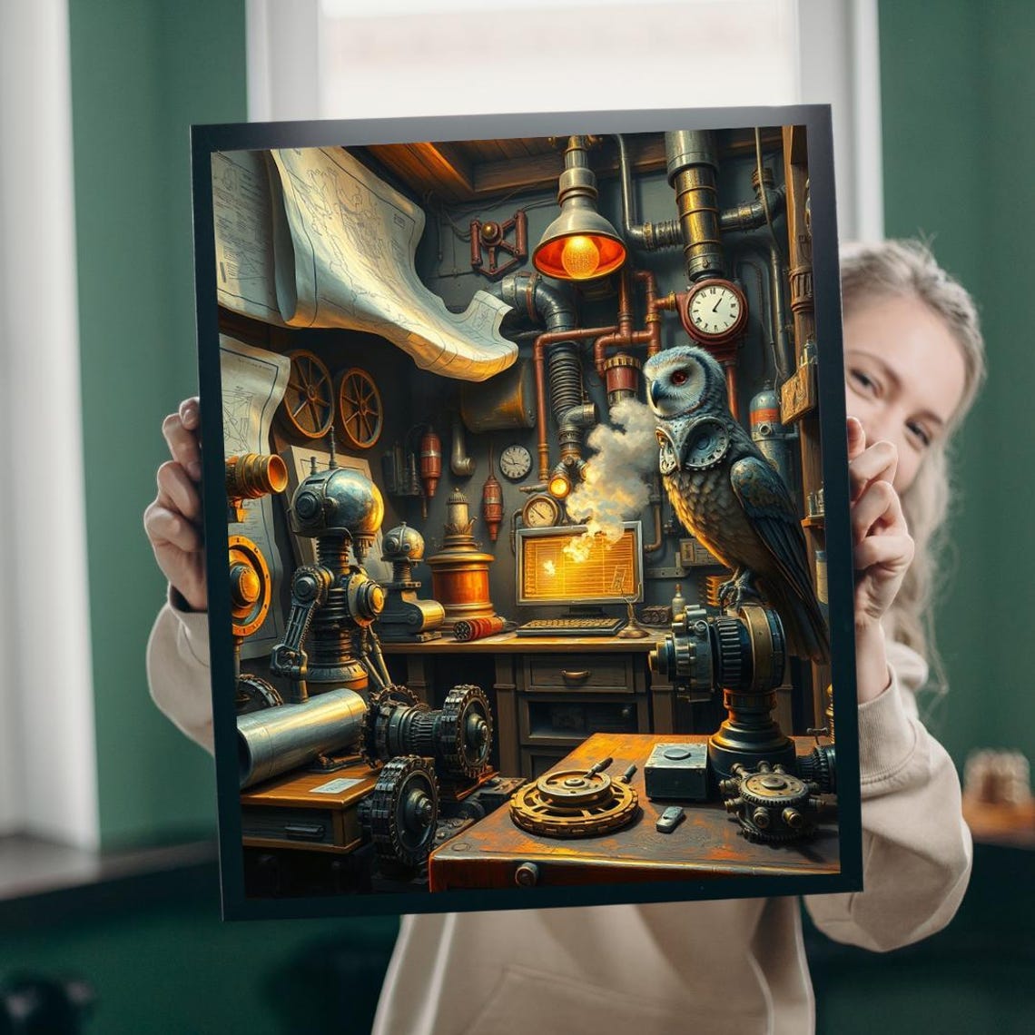 Steampunk Inventor Workshop Owl Robots Gears Pipes Puzzle Art Poster