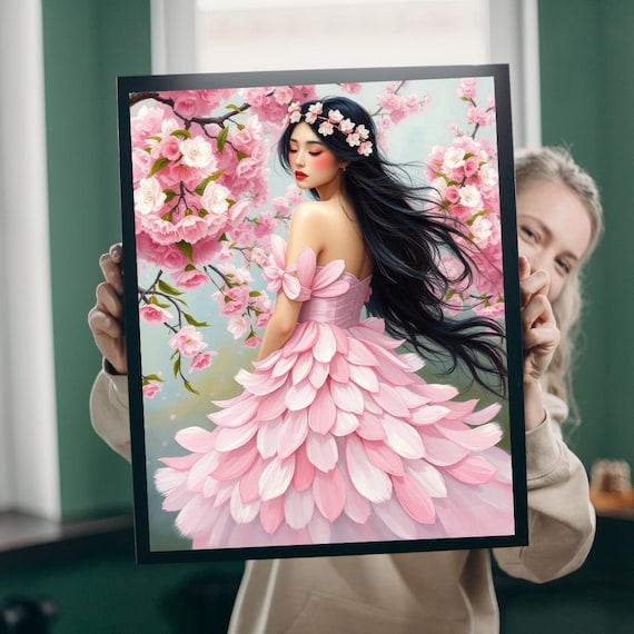 Cherry Blossom Lady in Pink Petal Dress Floral Fantasy Art Poster