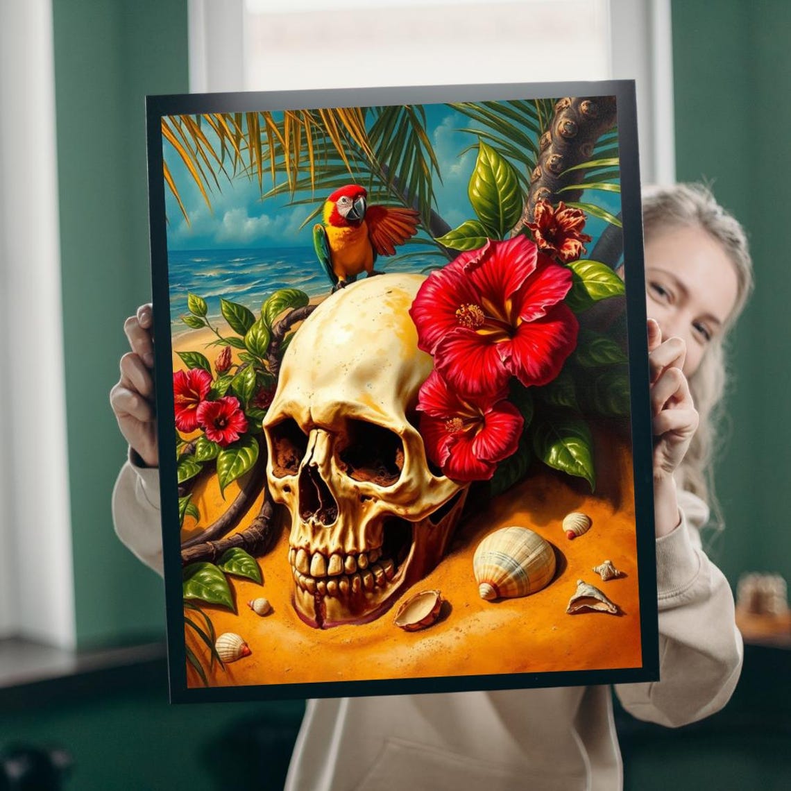 Tropical Skull Beach Hibiscus Parrot Pirate Island Art Poster