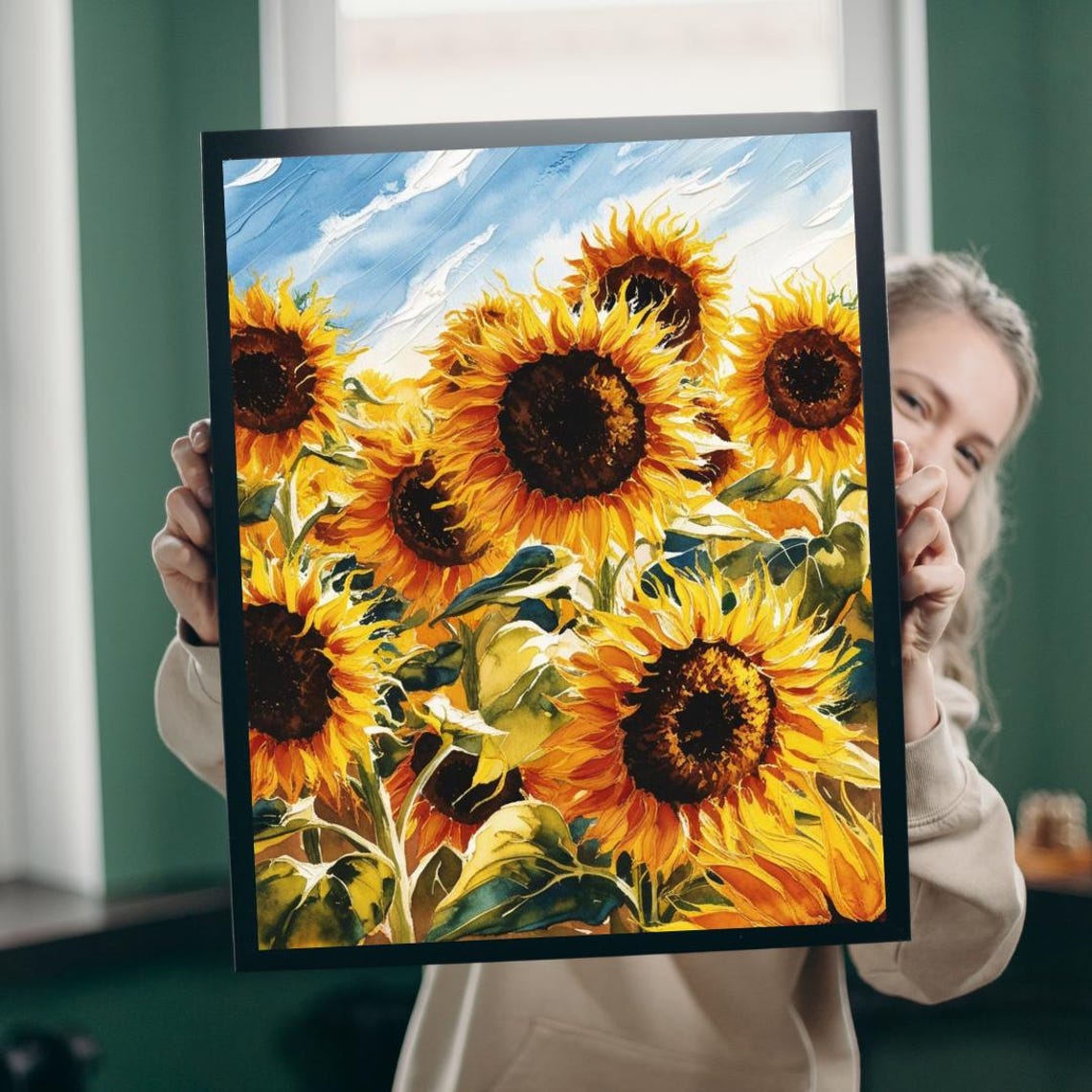 Sunflower Field Watercolor Floral Poster Bright Yellow Bloom Art