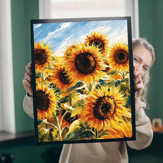 Sunflower Field Watercolor Floral Poster Bright Yellow Bloom Art