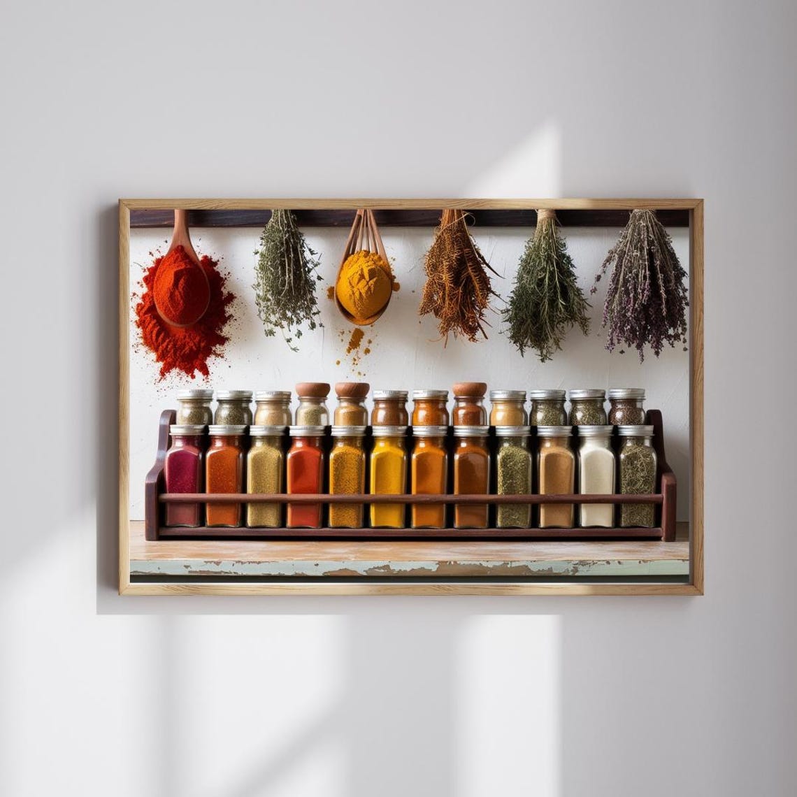 Colorful Spice Rack Herbs Jars Rustic Kitchen Still Life Wall Art