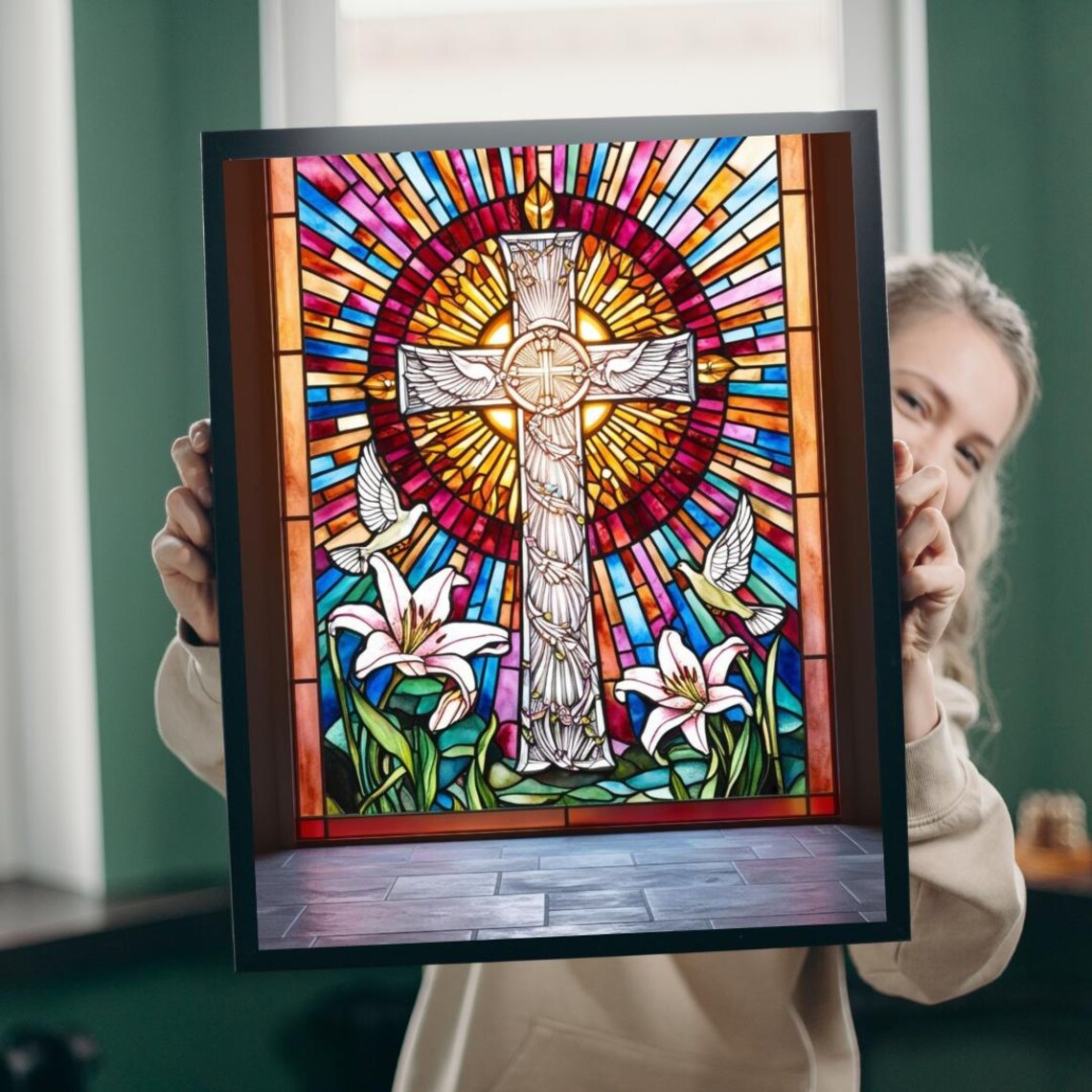 Stained Glass Cross Art Print Lilies Doves Christian Religious Decor