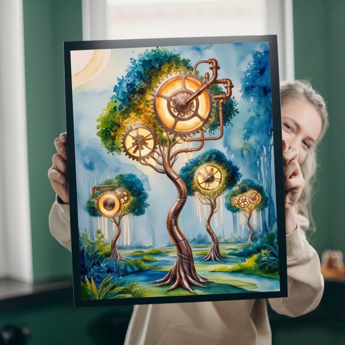 Steampunk Clockwork Gear Trees Surreal Watercolor Fantasy Art Print