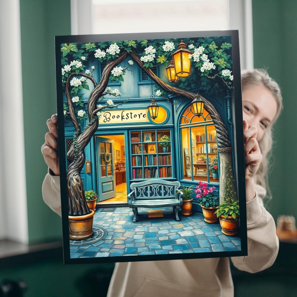 Teal Bookstore Storefront Blossom Trees Lantern Glow Cozy Poster