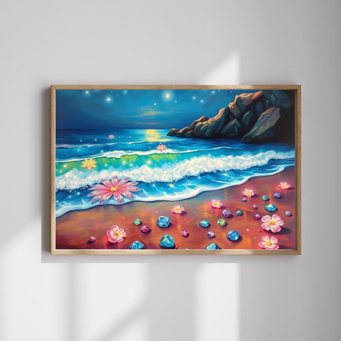Moonlit Beach with Pink Flowers and Sparkling Gems Fantasy Art Poster