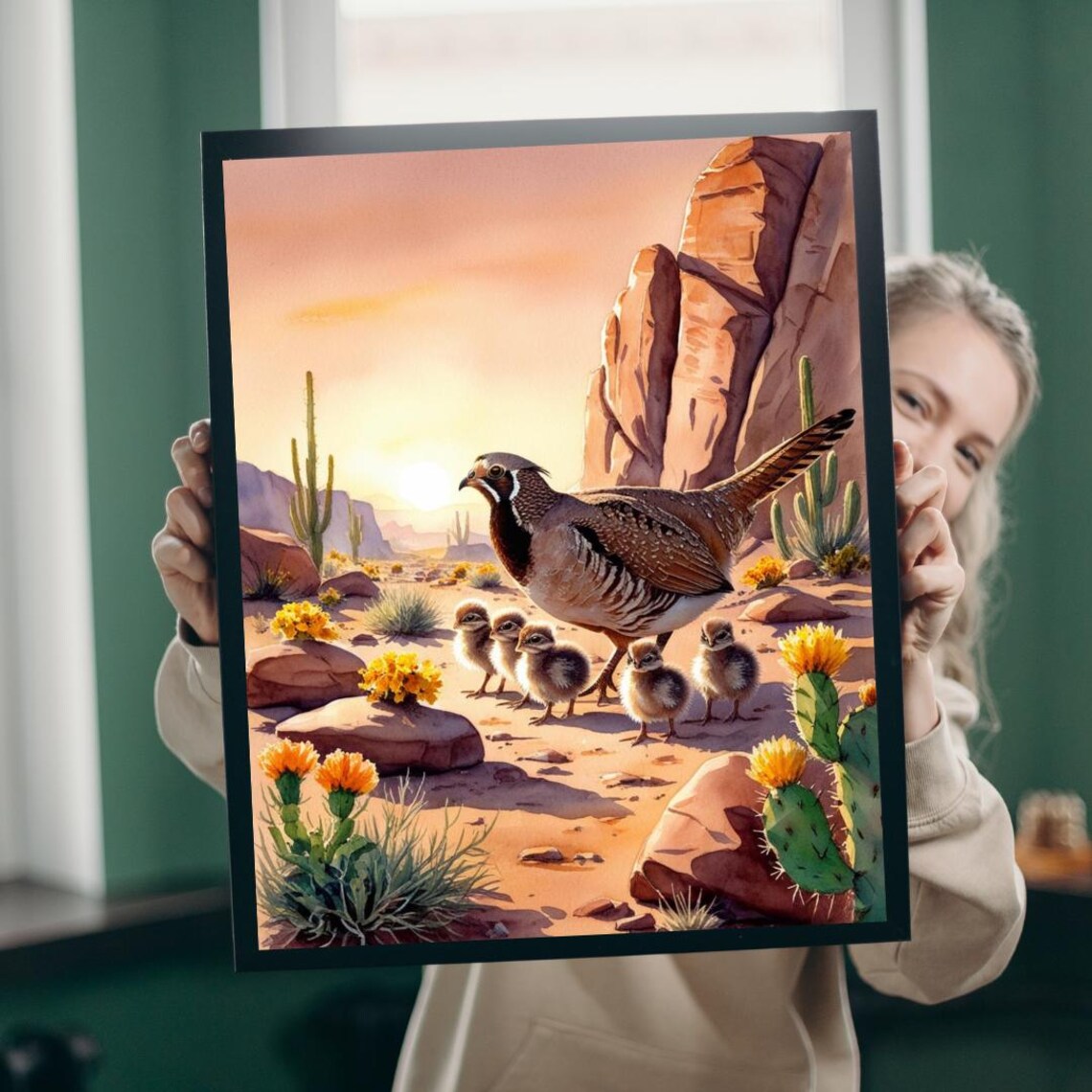 Desert Quail With Chicks Among Cacti Sunset Watercolor Bird Art Print